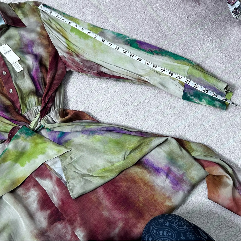 NWT Anthropologie Multicolor Midi Long Sleeve Tie Front Shirt Dress Size Large - Picture 12 of 15